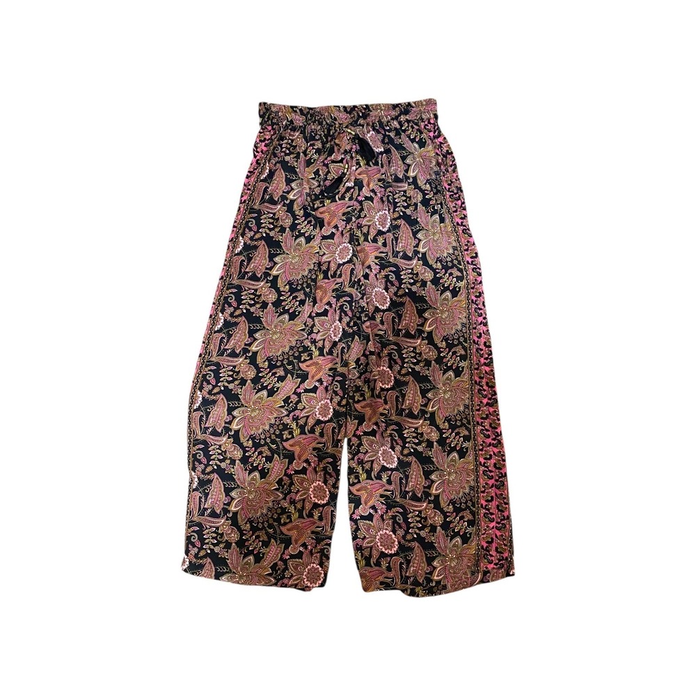 Bohemian Paisley Wide Leg Crop Pants Black Pink Floral Print Drawstring Waist
